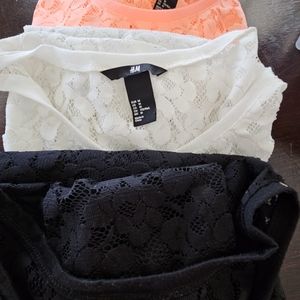 Three (3)  H&M Lace T-shirt style Size M Tops Orange, White & Black
